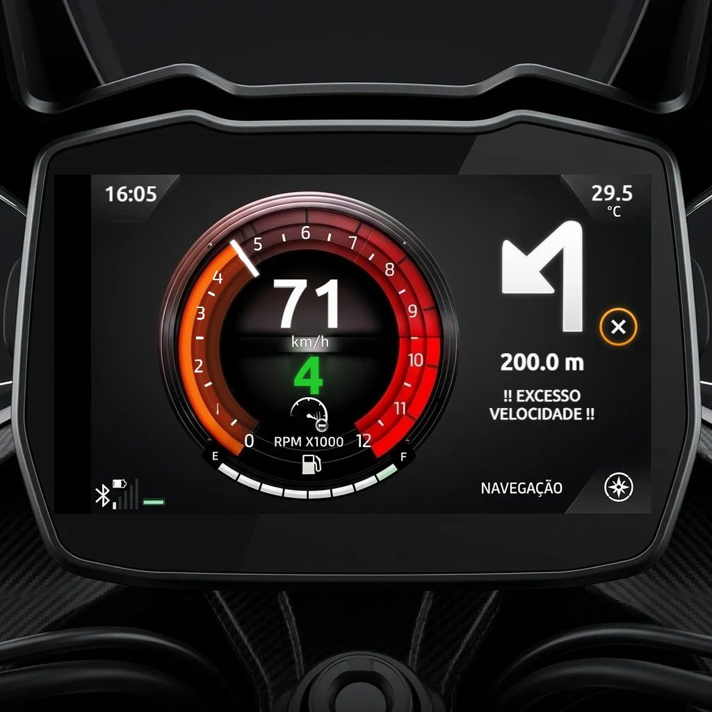 TFT panel at 71 km/h showing a left arrow, 200 meters and the speeding alert EXCESSO VELOCIDADE