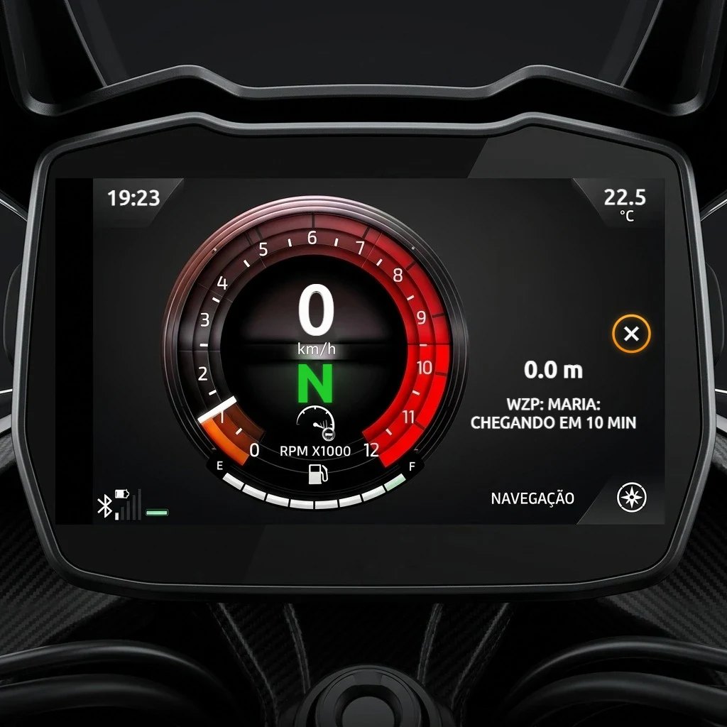 TFT panel with the bike stopped showing a WhatsApp message from Maria: arriving in 10 min (fictional name)