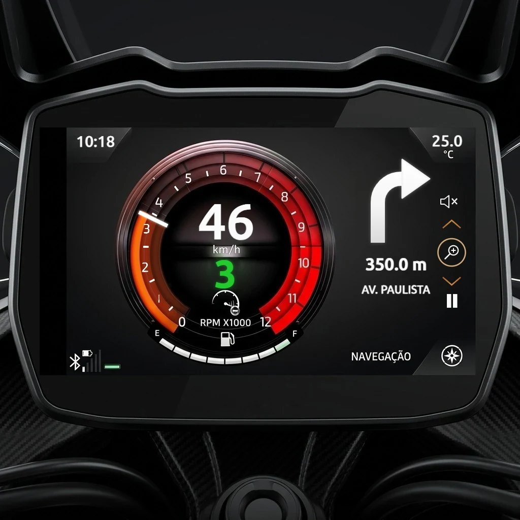 TFT panel at 46 km/h in 3rd gear showing a right-turn arrow, 350 meters and the street name Av. Paulista
